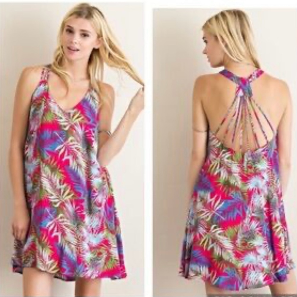 Entro Tropical Sleevess Dress With Back Web Detail Large